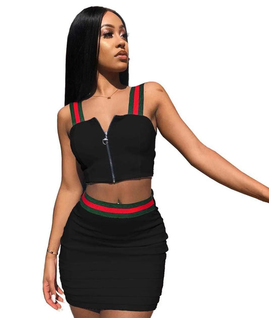 Stripe Crop Top Hollow Out Two Piece Outfit