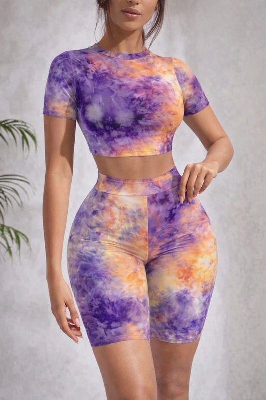 Ocean Aura Tie-Dye Active Set - Crop Top & Biker Shorts